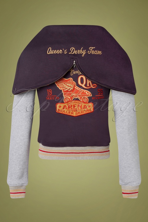 Queen Kerosin - 50s Rollerway College Sweat Hoodie Jacket in Aubergine and Grey 3
