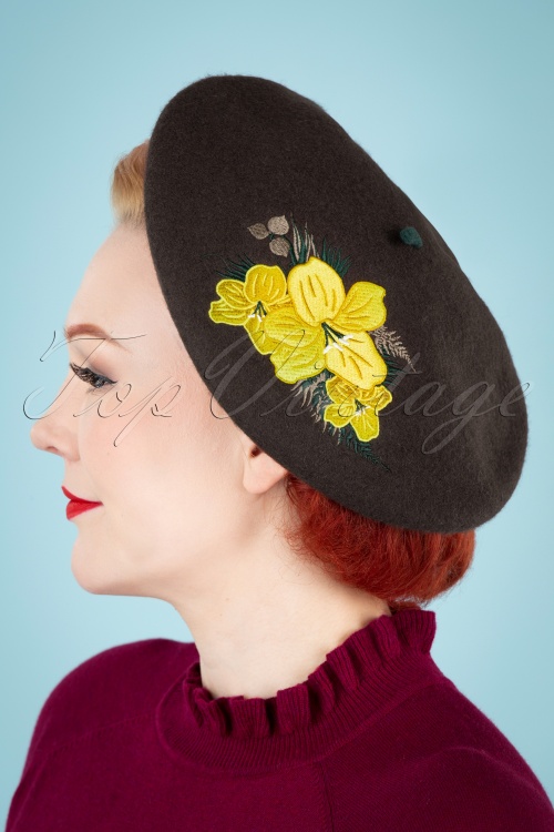 Collectif Clothing - 60s Autumn Floral Wool Beret in Brown 2