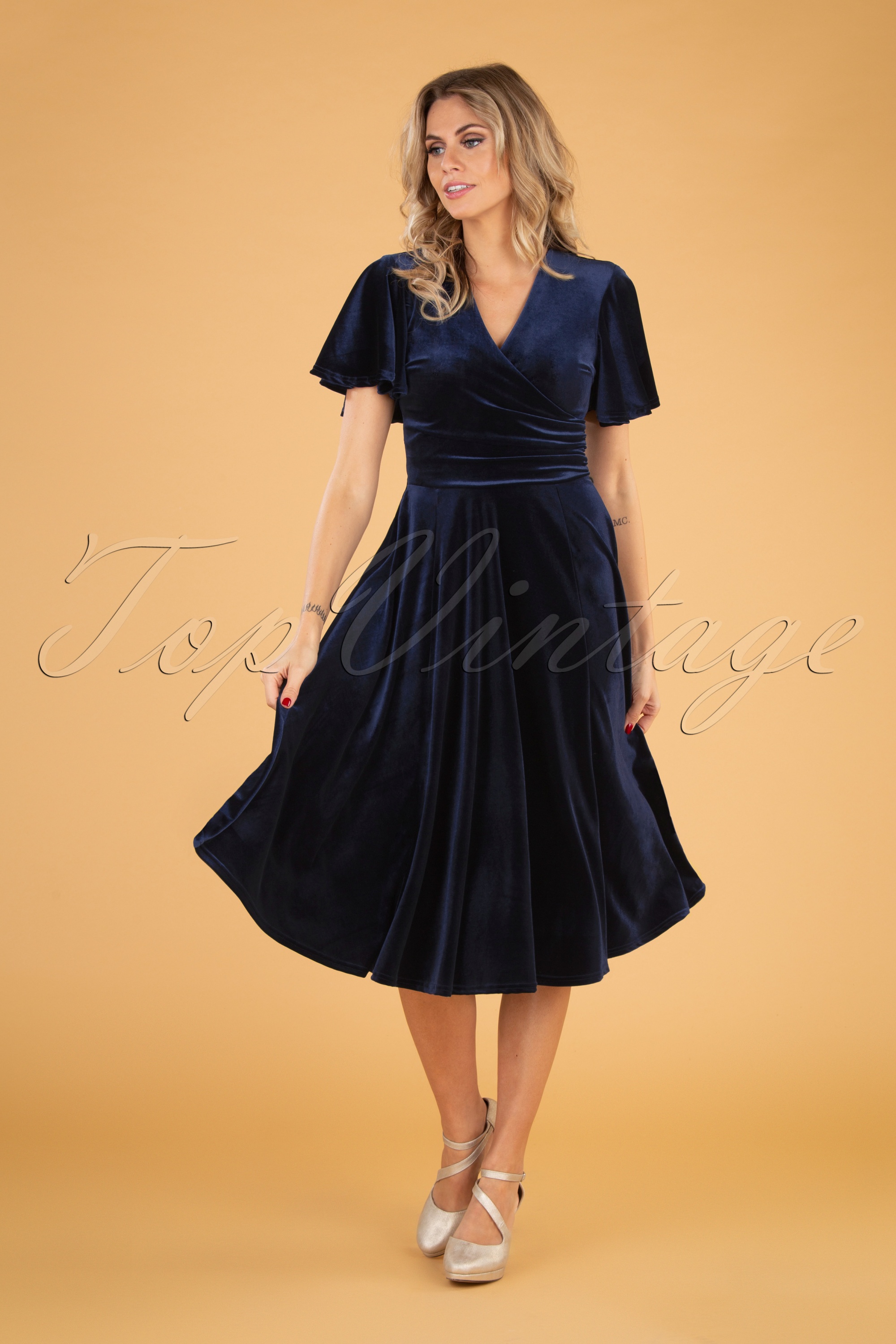 Vintage Chic for Topvintage - Zhara swingjurk in nachtblauw fluweel