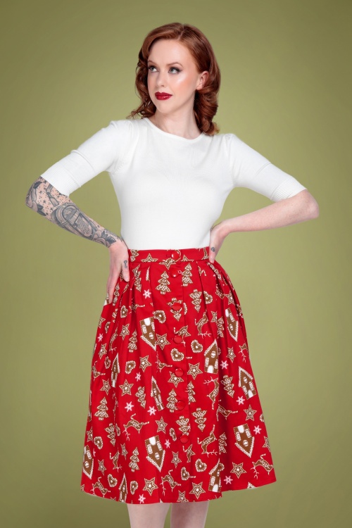Collectif Clothing - 50s Josualda Ginger Cookies Swing Skirt in Red 2