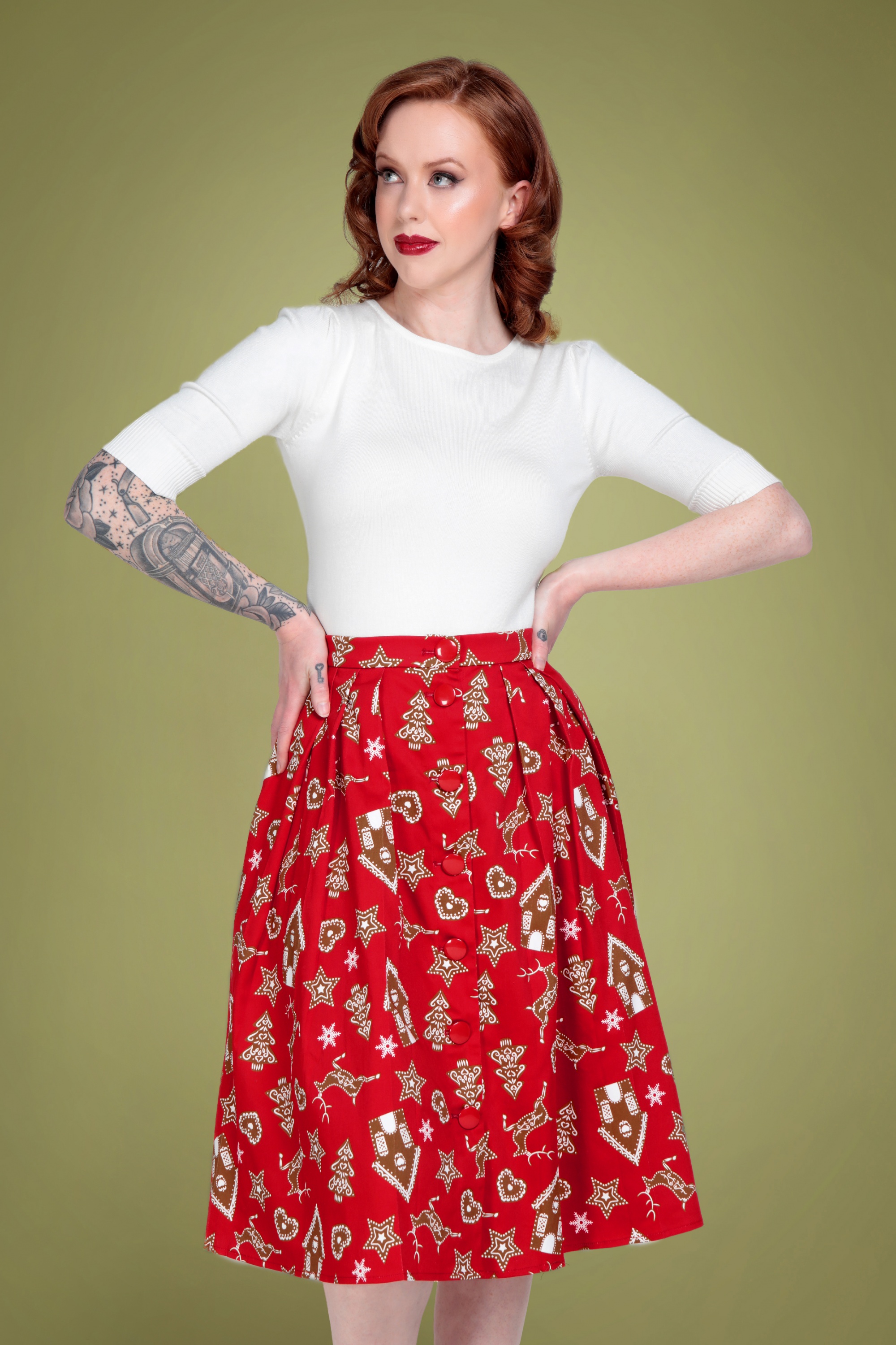 Collectif Clothing 50s Josualda Ginger Cookies Swing Skirt in Red Shop at Topvintage