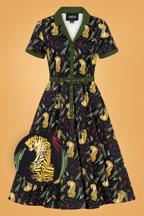 Collectif Clothing - Caterina Tiger Swing Dress Années 50 en Noir