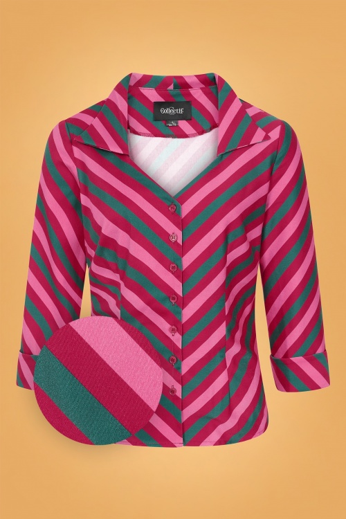 Collectif Clothing - Mona Berry Stripe Blouse Années 50 en Framboise