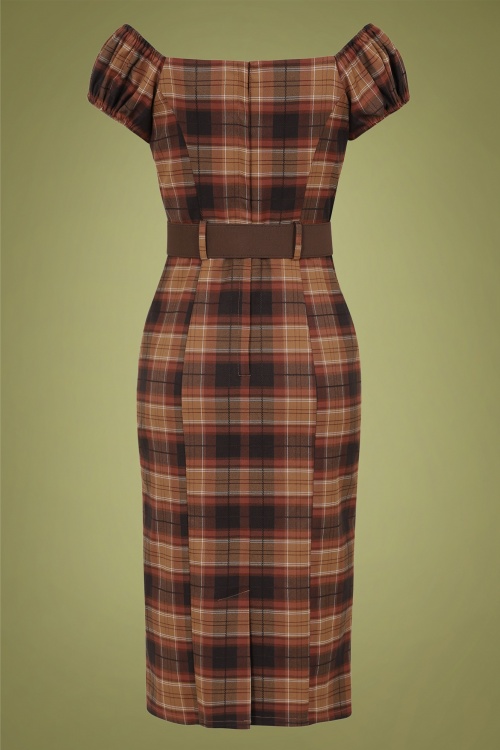 Collectif Clothing - 50s Blanche Chestnut Check Pencil Dress in Brown 3