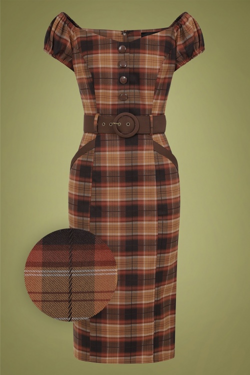 Collectif Clothing - 50s Blanche Chestnut Check Pencil Dress in Brown 2