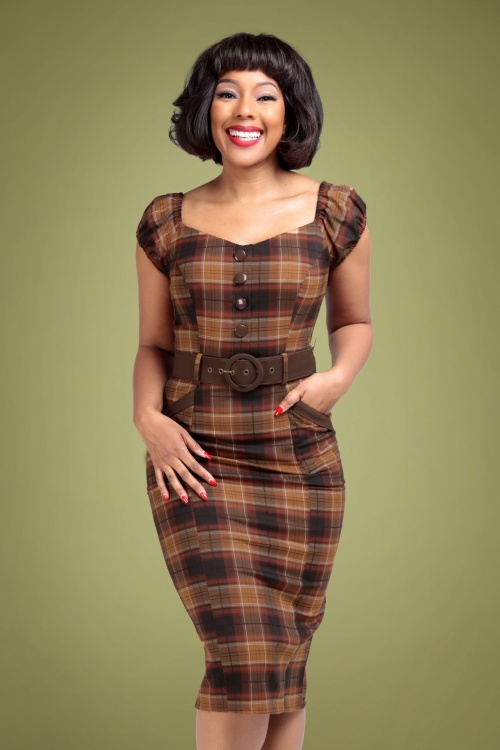 Collectif Clothing - 50s Blanche Chestnut Check Pencil Dress in Brown