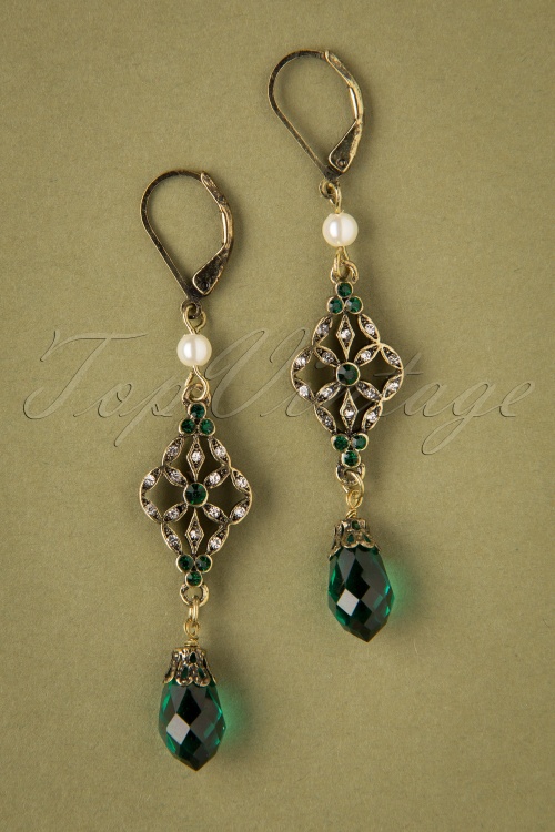 Lovely - 20s Victorian Filigree Earrings in Emerald 2