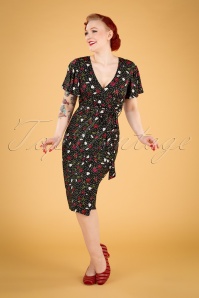 Vintage Chic for Topvintage - Vanity Floral Polkadot Pencil Dress Années 50 en Noir
