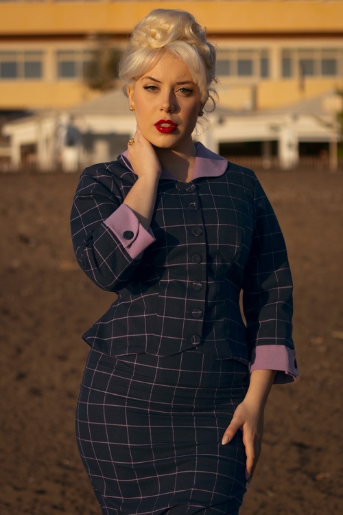 Miss Candyfloss - 50s Francesca Lee Tartan Blazer in Navy and Lilac
