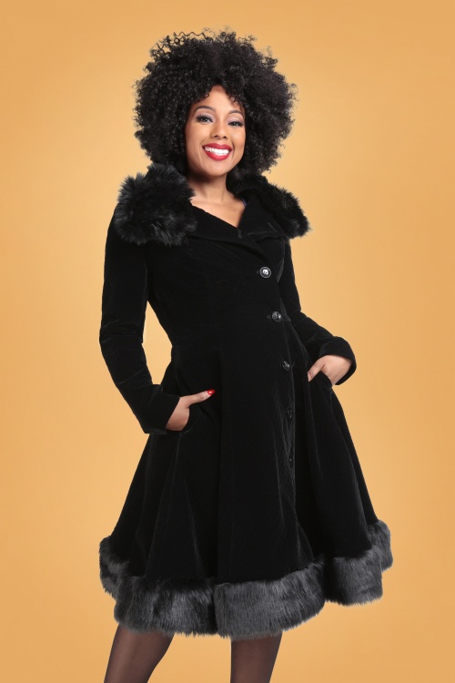 Collectif Clothing - 50s Nuit Quilted Velvet Swing Coat in Black