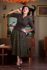 Miss Candyfloss - 50s Jeri Juniper Floral Mesh Swing Skirt in Olive