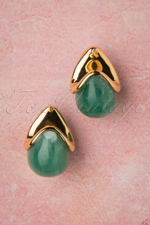 Topvintage Boutique Collection - Molly Earrings Années 60 en Doré et Vert 3