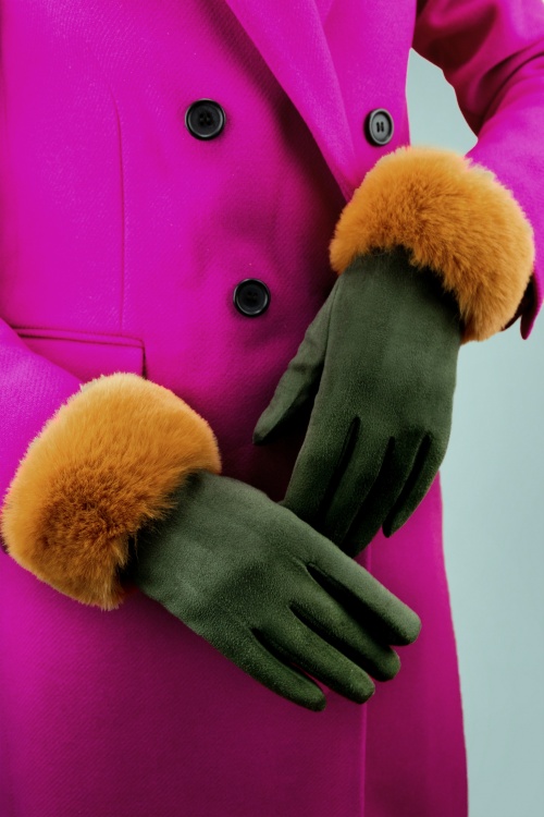 Powder - Bettina Faux Fur Suedine Gloves Années 50 en Olive et Moutarde