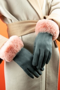 Powder - 50s Bettina Faux Fur Suedine Gloves in Denim and Petal
