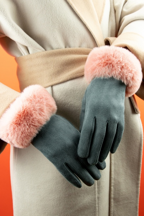 Powder - 50s Bettina Faux Fur Suedine Gloves in Denim and Petal