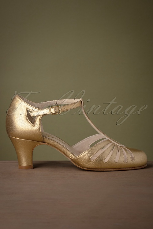 Saint Savoy - 20s Riviera Leather High Nugget T-Strap Pumps in Gold 2