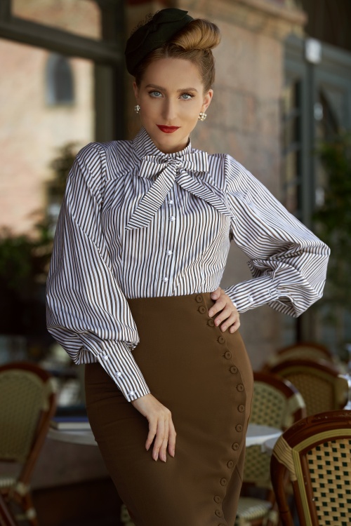 Miss Candyfloss - 50s Becka Dora Striped Blouse in Brown
