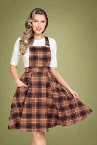 Collectif Clothing - 50s Kayden Chestnut Check Overalls Swing Dress in Brown