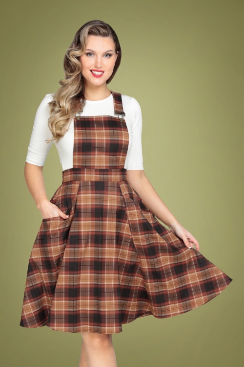 Collectif Clothing - 50s Kayden Chestnut Check Overalls Swing Dress in Brown