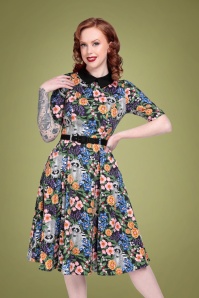Collectif Clothing - 50s Winona Floral Forest Raccoon Swing Dress in Black 