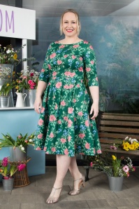 Topvintage Boutique Collection - Exclusief bij Topvintage ~ Adriana Swingjurk met lange mouwen en bloemen in groen 3