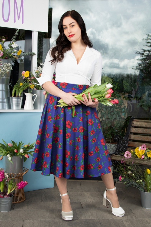 Topvintage Boutique Collection - Topvintage exclusive ~ Adriana Floral Swing Skirt en Blanc et Rose
