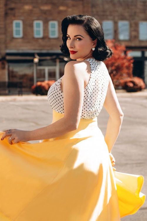 Vintage Diva  - De Maria Grazia swing jurk in wit en zonnig geel 7