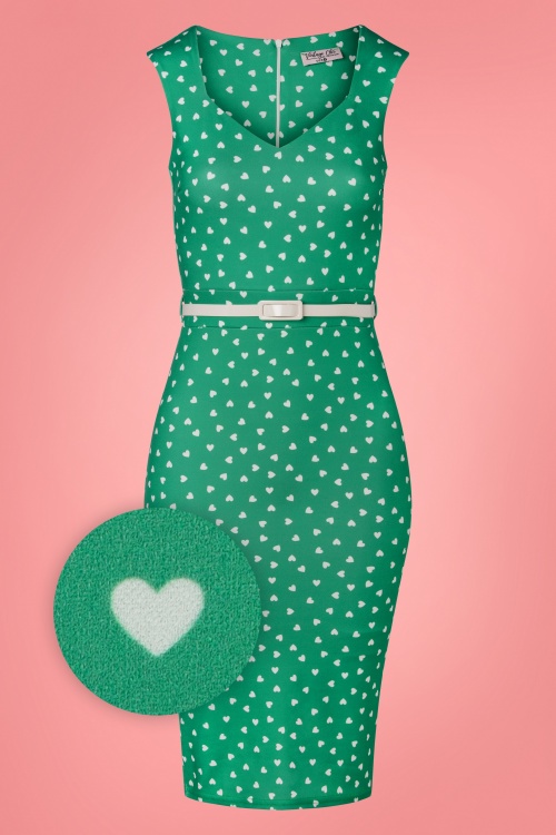 Vintage Chic for Topvintage - 50s Willow White Hearts Pencil Dress in Green