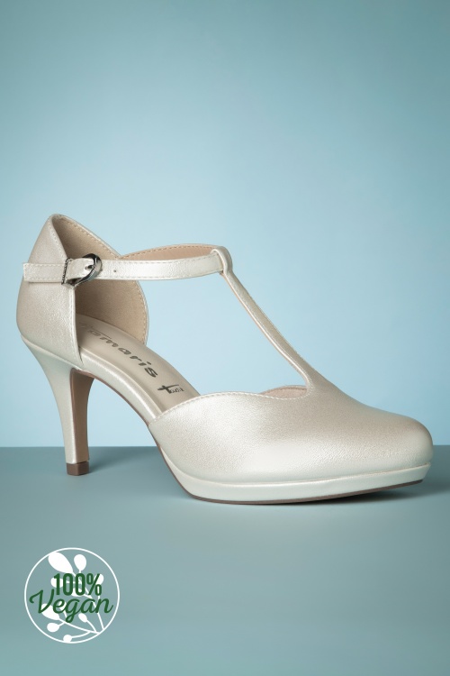 Tamaris - 50s Phyllis T-Strap Pumps in Pearly White