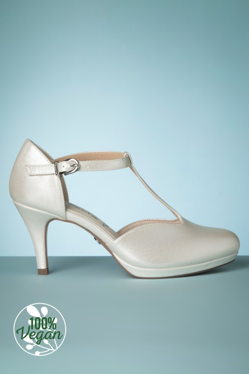 Tamaris - Phyllis T-Strap Pumps Années 50 en Blanc Nacré 3