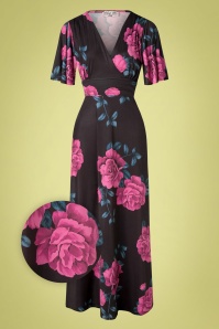 Vintage Chic for Topvintage - Helene Roses Cross Over Maxi Dress Années 50 en Noir et Rose
