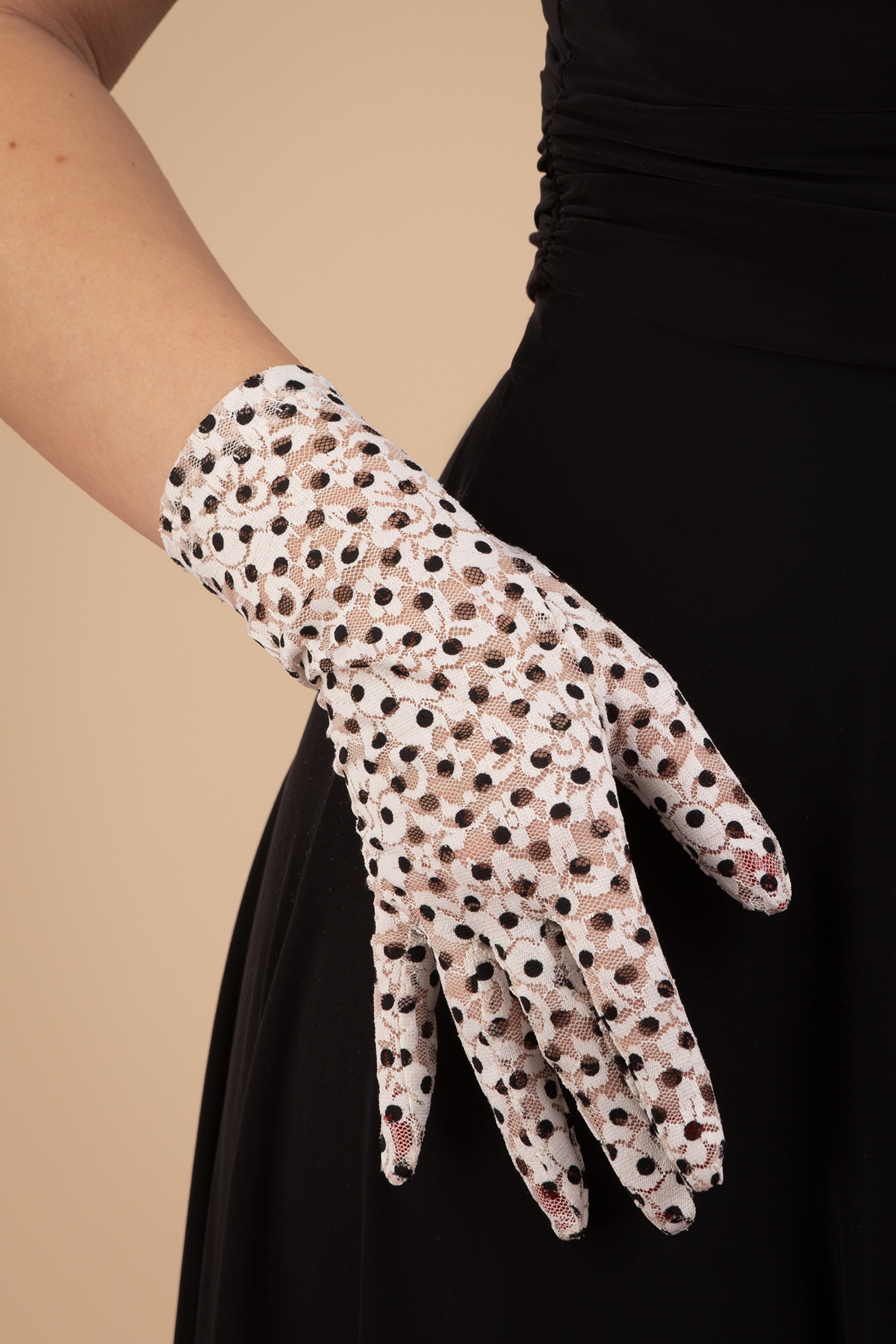 2 Paires De Gants Courts Femme En Dentelle à Pois - Noir Et Blanc - Style Vintage - Pour Soirée, Mariage, événement