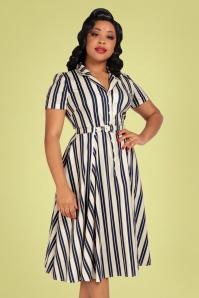 Collectif Clothing - Caterina Admiral Stripe Swing Dress in Cream