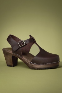 Lotta from Stockholm - Highwood T-Strap Leather Clogs in Aubergine Brown