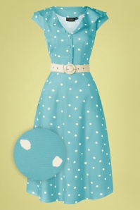 Vixen - Gestippelde midi-jurk met brede kraag in hemelsblauw
