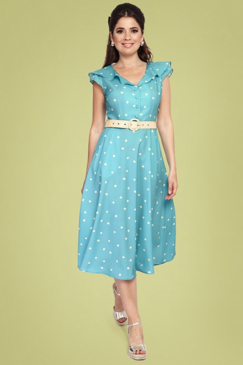 Vixen - Gestippelde midi-jurk met brede kraag in hemelsblauw 2