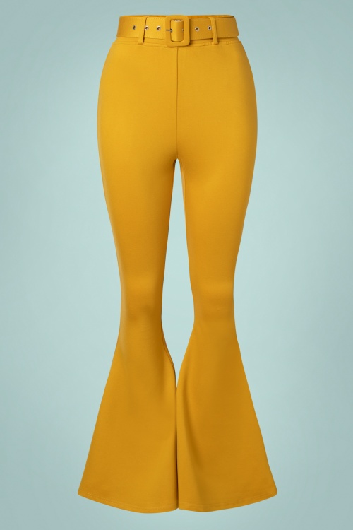 Vixen - Belted Bengaline Flared Trousers in Mustard
