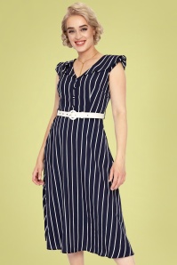 Vixen - Midi jurk met brede kraag en strepen in marineblauw