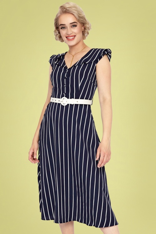 Vixen - Midi jurk met brede kraag en strepen in marineblauw