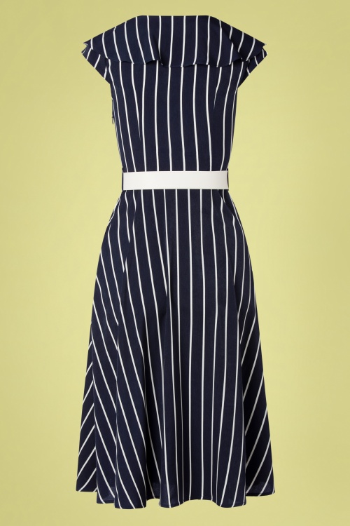 Vixen - Midi jurk met brede kraag en strepen in marineblauw 4