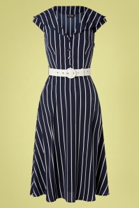 Vixen - Midi jurk met brede kraag en strepen in marineblauw 2