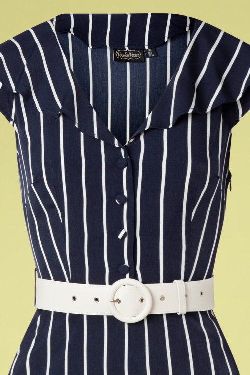 Vixen - Midi jurk met brede kraag en strepen in marineblauw 3