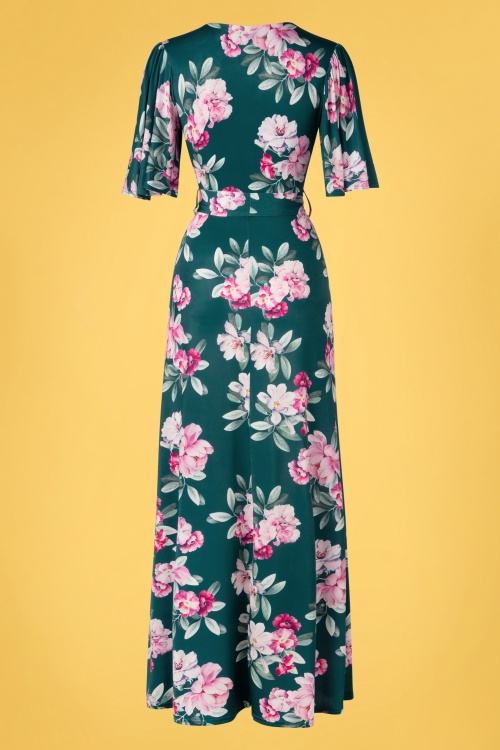 Vintage Chic for Topvintage - Jazzy Cross Over maxi jurk met bloemen in blauwgroen 3