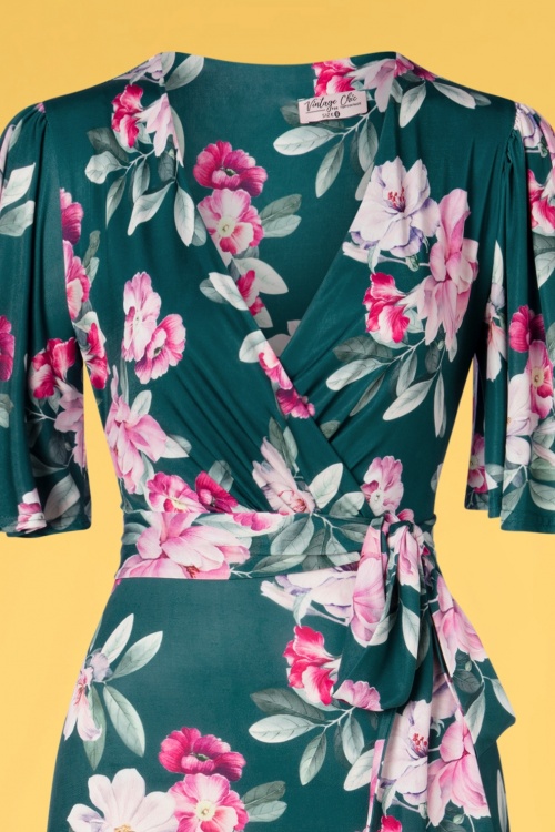 Vintage Chic for Topvintage - Jazzy Cross Over maxi jurk met bloemen in blauwgroen 2