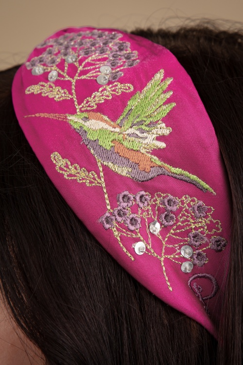 Powder - Hummingbird Embroidered Satin Hairband in Raspberry