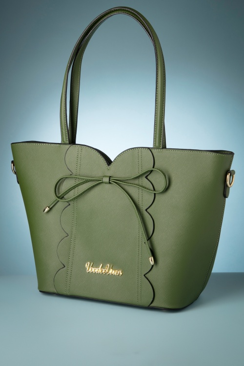 Vixen - Bow Front Scalloped Shopper Bag in Khaki Green