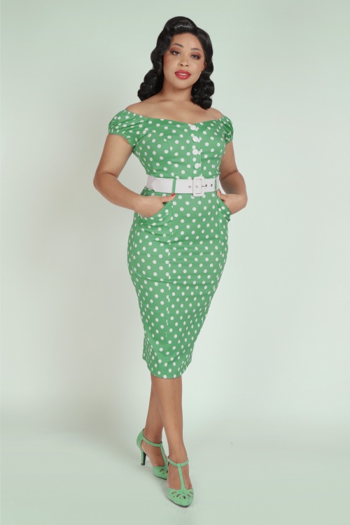 Collectif Clothing - Blanche Classic Polka Pencil Dress en Vert et Blanc
