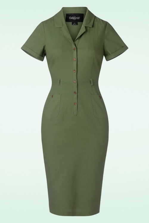 Collectif Clothing - Caterina Pencil Dress Années 50 en Vert Olive