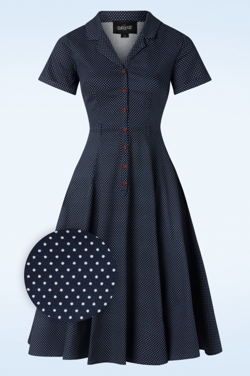 Collectif Clothing - Caterina Mini Polka Dot Swing-Kleid in Marineblau