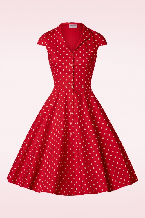 Topvintage Boutique Collection - Exclusief TopVintage ~ Angie Polkadot Swing jurk in rood 3